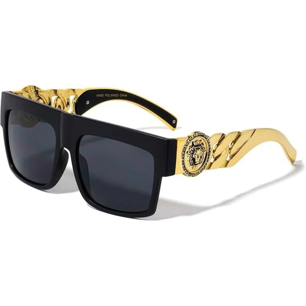 Flat Top Sunglasses Men Gold Hip Hop 80s 90s Style Cholo Dark Black UV400 Lentes